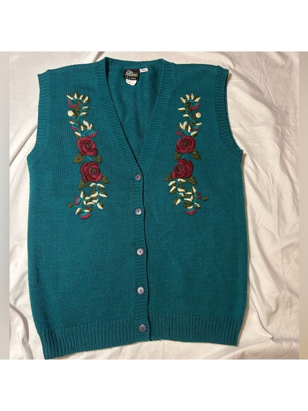 Vintage Pyke Limited Granny Core Embroidered Teal Sweater Vest Sz Medium